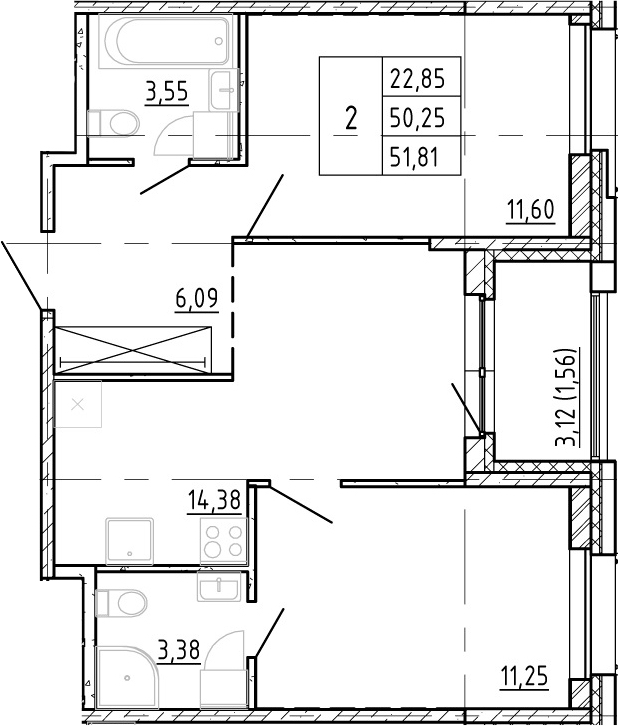 2-комнатная квартира 50.25 м², 2/12 эт., ЖК «Полис Новоселье»